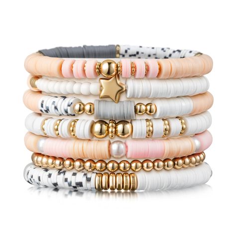 PRICES MAY VARY. Pink Stackable Bracelets: This surfer heishi clay bead bracelets set includes 7 unique bracelets, featuring 6 distinct compositions of gold-plated beads, polymer clay beads in shades of pink, gray, and white. And an additional bracelet composed of gold-plated round beads. With a dominant pink hue, these bracelets add a pop of color and style to your everyday ensemble. Great Material: Our friendship bracelets are crafted with care, strung by hand with pearl beads, 14K gold-plated Mommy And Me Clay Bead Bracelets, White And Gold Clay Bead Bracelet, Clay Bead Brackets, Bracelet Inspo Beads, Clay Bracelets Diy, Cute Clay Bead Bracelet Ideas, Bracelet Beads Ideas, Cute Beaded Bracelets, Flat Bead Bracelet