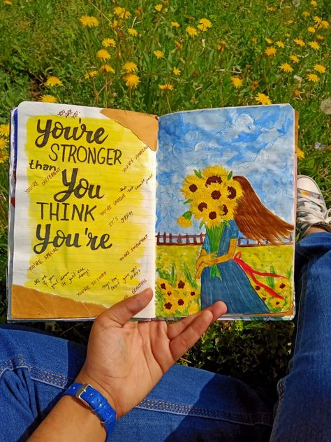 Sunflower Journal Page, Sunflower Journal Ideas, Sunflower Scrapbook Ideas, Paint Journal Ideas, Minimal Draw, Sunflower Letters, Wall Magazine, Art Journal Ideas, Quotes Journal