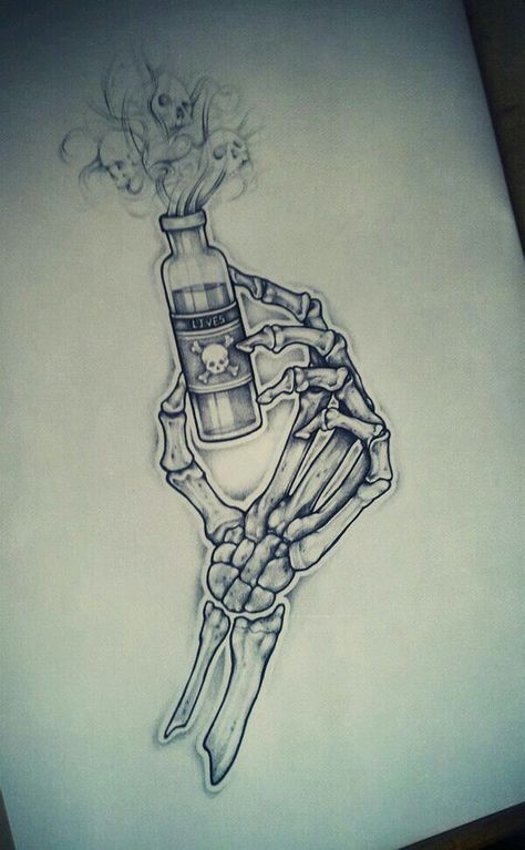 Poison Bottle Tattoo, Art Minimaliste, Design Tattoo, Skull Tattoos, Flash Art, Hand Holding, Skull Art, A Drawing, Tattoo Sketches