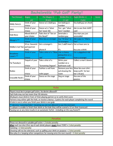 Myrtle Beach bars - pub golf sheet used for Bachelorette party! Pub Golf Scorecard, Bar Golf, Eating Games, Pub Golf, Golf Scorecard, Golf Etiquette, Shower Bar, Golf Score, Golf School