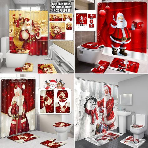 Christmas Bathroom Sets, Red Shower Curtains, Bathroom Curtain Set, Christmas Shower, Christmas Shower Curtains, Christmas Bathroom, Home Decor Sets, Toilet Covers, Bath Mat Sets