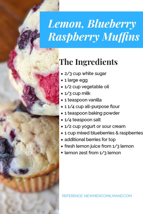 Amazing blueberry muffins with lemon and raspberry and yogurt! Healthy Blueberry Muffins For Kids, Blueberry Raspberry Muffins, Blueberry Muffins Fresh Blueberries, Healthy Lemon Raspberry Protein Muffins, Wild Blueberry Muffins Healthy, Lemon Raspberry Muffins Healthy, Mix Berry, The Best Blueberry Muffins, Lemon Sour Cream Pie