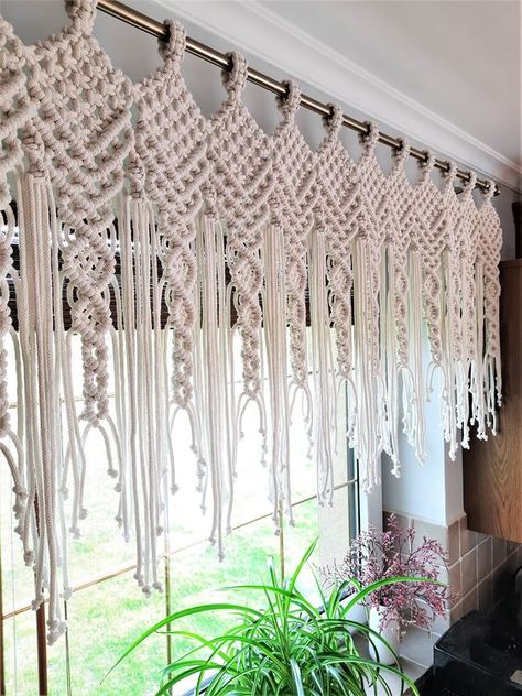 Short rustic curtain can be a beautiful window decoration in the rooms.#Creativ #Dies # #WoodWorking #DIY #Crafts Macrame Curtain Tutorial, Macrame Curtain, Rustic Curtains, Beautiful Windows, Macrame Patterns Tutorials, Window Decoration, Door Curtains, Macrame Patterns, Window Decor