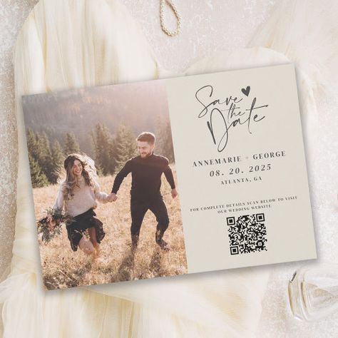 $2.92 | Modern Ivory Calligraphy Photo QR Code #wedding save the date, qr code, full photo, couples image, wedding website, rustic, miimalist, modern engagement announcement, hand written script, ivory Save The Date With Qr Code, Rustic Wedding Save The Dates, Save The Date Wording, Unique Save The Dates, Rustic Save The Dates, Modern Save The Dates, Handwritten Calligraphy, Modern Card, Calligraphy Script