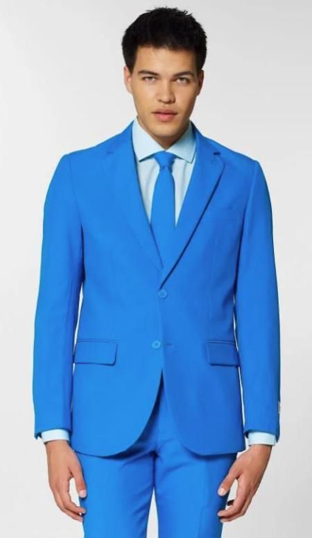 2 Buttons Single Breasted Notch Lapel One Chest Pocket Two Flap Front Pockets Color: Blue Steel Prom Suits Unique, Steel Blue Suit, Unique Prom Suits, Electric Blue Suit, Bright Blue Suit, Funny Prom, Light Blue Dress Shirt, Suits Prom, Cerulean Blue