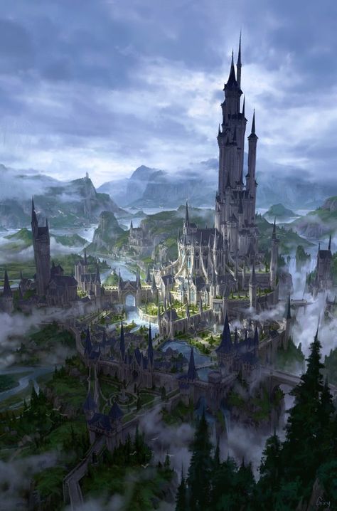 Fantasy Artwork Surrealism, Fantasy Artwork Landscape, Cair Paravel, Fantasy Settings, Fantasy Town, Dark Fantasy Artwork, Elemental Magic, Landscape Concept, Scenic Art