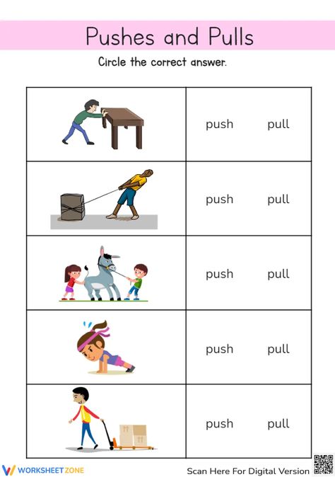 Identifying each picture is describing the push or pull force then circling the word next to. This worksheet will push your children to physics's interest. Let's check it out! #pushpullworksheet #pushandpull #pushorpull #science #worksheets #forces #push #pull #printables #kidsactivities #pushandpullforcesworksheet #scienceactivities #pushandpullactivities #choosing #identifying The Push, Pushes And Pulls, Reading Comprehension Passages, Comprehension Passage, Center Ideas, Science Worksheets, Science Center, Science Activities, Design Concept