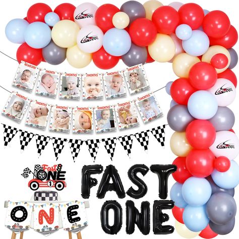 PRICES MAY VARY. 【What You Will Get】: 50 latex balloons 12 inches(10 pastel blue, 5 pastel yellow, 20 coral, 10 gray, 5 vintage race car printed), 15 latex balloons 5 inches(5 pastel blue, 5 pastel yellow, 5 coral), 1 car themed photo banner 6.6 feet, 1 FAST ONE cake topper, 1 ONE highchair banner, 1 paper checkered triangle flag, 1 FAST ONE foil balloon 16 inches, 1 racing car foil balloon 24*43 inches, 1 wheels foil balloon 18 inches, 1 balloon tape strip 16.4 feet, 100 adhesive dots. 【Race Ca Fast One Cake, Car First Birthday Party, Race Car First Birthday, Car First Birthday, Race Car Birthday Decorations, Cake Topper Balloon, Race Car Party Decorations, Cars Birthday Party Decorations, Racing Theme