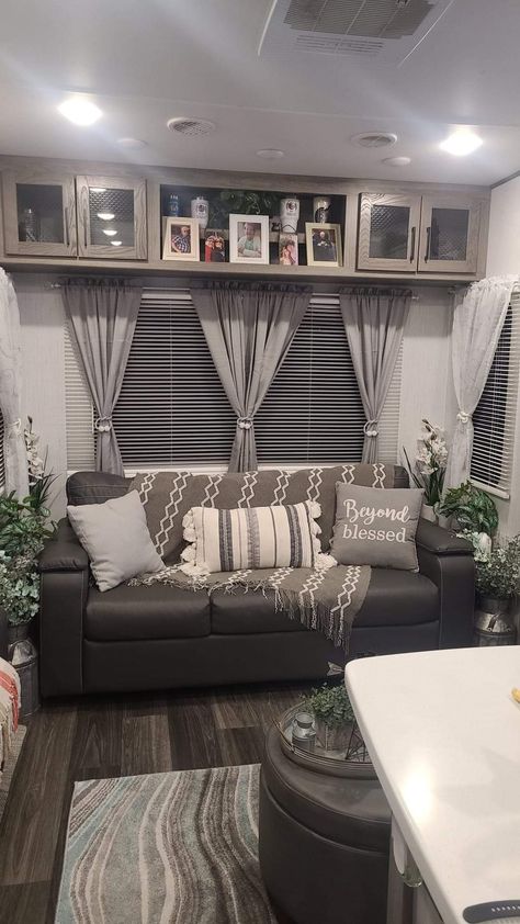 Rustic Trailer Decor, Camper Living Room Decor, Rustic Rv Decor, Lake Rv Decor, Gray And White Rv Interior, Gray And White Camper Interior, Camper Living Decor, Camper Farmhouse Decor, Inside Camper Decor Ideas