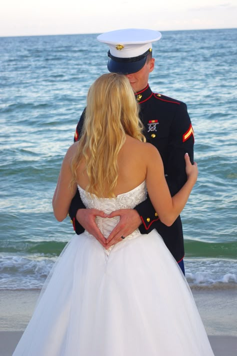 Marine Corps wedding, Wedding photography, Beach wedding Us Army Wedding Ideas, Marine Engagement Photos, Marine Wedding Photos, Marine Corps Wedding Colors, Army Wedding Ideas, Marine Wedding Ideas, Marines Wedding, Military Wedding Ideas, Military Wedding Army