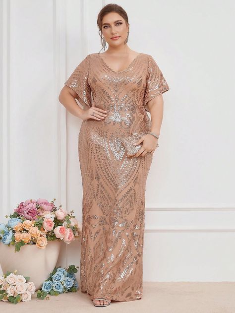 Gold  Collar Short Sleeve Sequins Plain Fitted Embellished Slight Stretch  Weddings & Events Mother Of Groom Dresses Plus Size, Dress For Quinceanera, Plus Prom Dresses, Anniversary Dress, Mother Of The Bride Gown, Sequin Decor, Mob Dresses, Evening Dresses Plus Size, Cute Prom Dresses