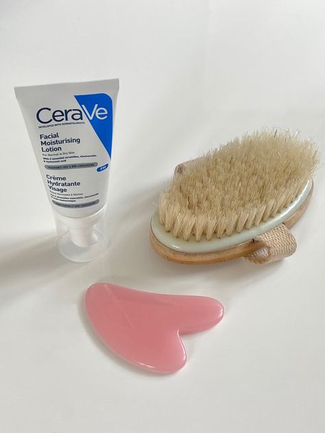 skin care products, gua sha, dry brush Moisturiser Aesthetics, Dry Brush Aesthetic, Dry Brushing Aesthetic, Bathroom Cream, Cerave Products, Skin Aesthetic, Skincare Brush, Body Hygiene, Dry Brush