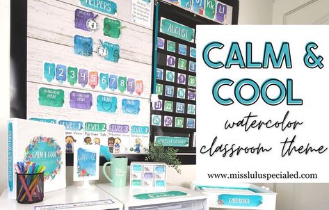 CALM & COOL WATERCOLOR CLASSROOM THEME Calm And Cool Classroom Theme, Blue Themed Classroom, Calm And Cool Classroom Decor, Under The Sea Bulletin Board Ideas Ocean Themed Classroom, Teal Classroom Theme, Purple Classroom Theme, Calming Classroom Themes, Blue Classroom Theme, Coastal Classroom Decor