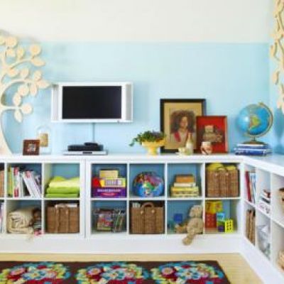 This tv/storage idea would be GENIUS in our livingroom - with a bigger tv of course!  :P Ikea Expedit Bookcase, Ideas Habitaciones, Basement Playroom, Playroom Design, Playroom Organization, Playroom Ideas, Children Room, Learning Ideas, Craft Corner