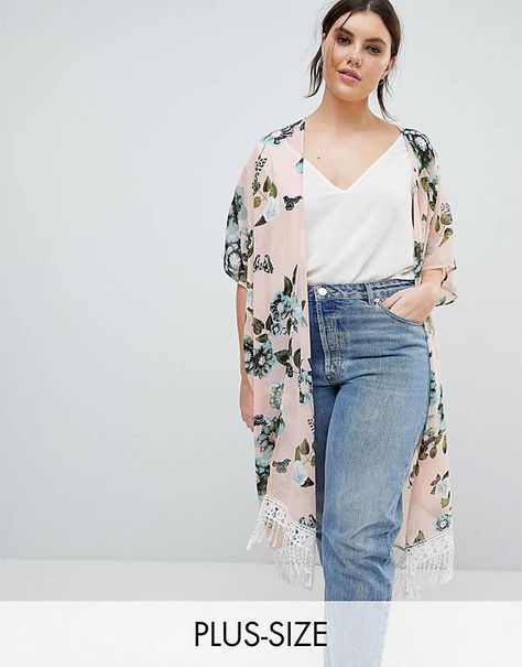 Junarose Floral Printed Kimono Casual Plus Size Outfits, Plus Size Summer Fashion, Mode Kimono, Jeans Outfit Summer, Mode Boho, Grunge Vintage, Outfit Jeans, Stylish Plus, Moda Plus Size