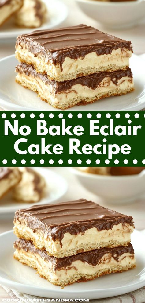 Looking for a quick and easy dessert idea? This No Bake Eclair Cake requires no baking, making it a hassle-free option for busy weeknights. Enjoy a deliciously rich flavor that everyone will love! Assorted Cheesecake, Dessert Ideas Simple, Eclair Cake Recipe, No Bake Eclair, Eclair Dessert, Unique Recipes Desserts, Eclairs Dessert, No Bake Eclair Cake, Eclair Cake Recipes