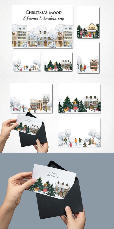 Background Country, Frame Watercolor, House Clipart, Christmas Frame, Paper Things, Watercolor Winter, Winter Background, Digital Card, Dinner Invitation