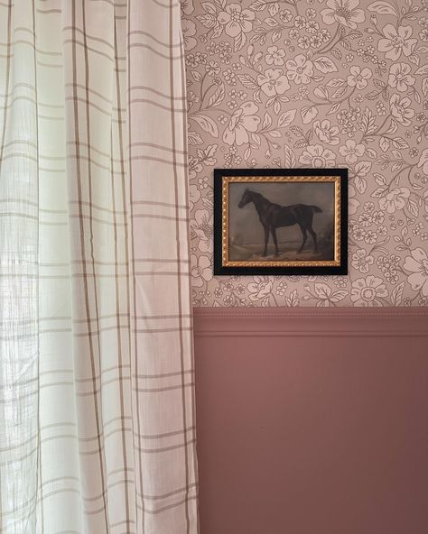 An equestrian princess room for my horse loving girlie! ✨🐴💜 • • #horsethemedroom #equestriandecor #girlroomideas #girlsroomdecor #diyhomedecor #homereno #homedecor #vintagedecor #europeandecor #antiques Batten Board With Wallpaper, Reading Room Wallpaper, Two Toned Accent Wall, Pink Chair Rail, Wallpaper Inside Picture Frame Molding, Wallpaper Nursery Ideas, Striped Nursery Walls, Cottage Wallpaper Bedroom, Mauve Board And Batten Wall