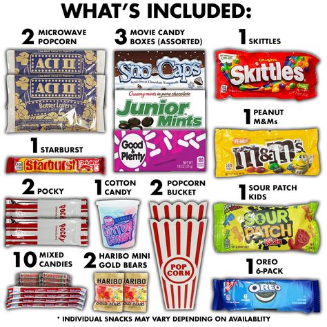 Favorite Movie Night Nostalgic Theater Snacks Candy Gift Box Popcorn Bucket Care Package Lights, camera, snacks! Dive into the ultimate movie night experience with our Favorite Movie Night Snack Candy Gift Box! Packed with 2 fun popcorn buckets, this care package is bursting with delicious treats that will make your movie date night unforgettable. What’s Inside: Popcorn Galore: Classic buttery popcorn to give you that authentic cinema vibe Sweet Treats: A mix of your favorite movie theater candies to keep your taste buds entertained Reusable Popcorn Bucket: Each movie gift box comes with a plastic reusable popcorn bucket. Washable and reusable so environmentally friendly Perfect Gift: Best gift to give to college care packages, military, Happy Birthday, Thank you, Teachers, Nurses, Mom, Da Movie Night Care Package, Movie Bucket Gift Ideas, Popcorn Bucket Gift Ideas, Movie Basket Ideas, Movie Night Basket Ideas, Kid Movie Night Snacks, Movie Gift Basket Ideas, Movie Night Gift Basket Ideas, Bucket Gift Ideas