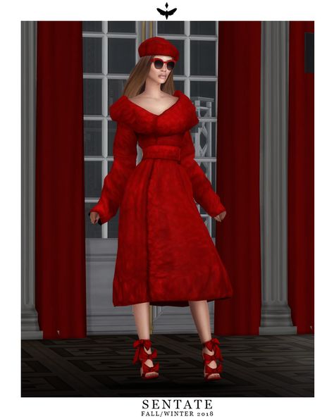 Sentate - Fall/Winter 2018 Sims Finds, Red Overcoat, Frilly Shirt, Feminine Clothes, Clothes Cc, Sims 4 Dresses, Sims4 Clothes, Dream Pop, Cold Outfits