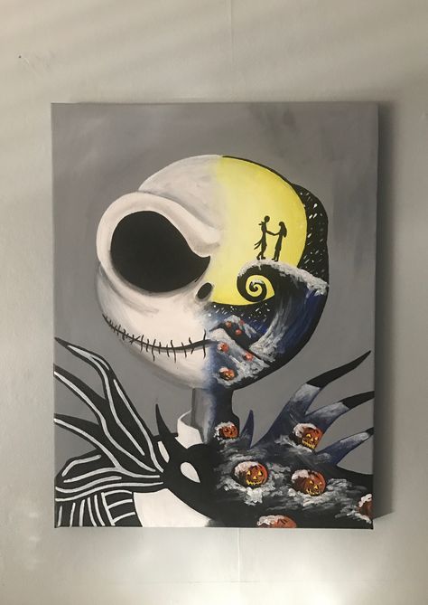 Aesthetic Jack Skellington Wallpaper, Half And Half Canvas Painting Ideas, Jack Skellington Canvas Painting, Jack Skellington Drawings Paintings, Half Paintings Canvas, Jack The Skeleton Painting, Jack And Sally Painting Canvases, Nightmare Before Christmas Canvas Art, Jack And Sally Painting