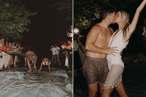 Lindsey Harris and her now-husband Rhett Harris went viral on TikTok for a video of their slip-and-slide exit from their wedding in August 2019. Annie And Hayden, Surprise Dance, Wedding Exit, Viral On Tiktok, Wedding Exits, Pump It Up, Nfl Cheerleaders, Slip And Slide, Dance Routines