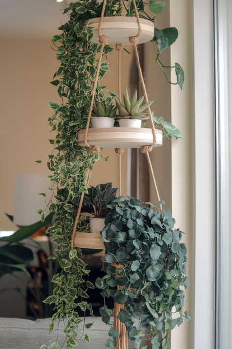 Elevate your interior design with a clean and modern plant arrangement. Floating shelves and neutral-toned pots bring minimalist charm and natural vibrancy, ideal for brightening your space with effortless elegance. #MinimalistGreenery #FloatingPlantShelves #ModernPlantDisplay #CleanAesthetic #NaturalHomeDecor #VerticalGreeneryDesign #IndoorPlantArrangement #MinimalistStyle #EcoChicHomes #ModernHomeInspo Home Hanging Plants, Plant Stand For Bedroom, Shelves With Hanging Plants, House Plant Shelves, Hanging Plants Next To Bed, Plants That Hang Over Pot, Plants On Fridge Ideas, Plant Pot Hanging Ideas, Washroom Plant Decor