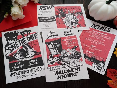 Personalised Retro Spooky Halloween Wedding Invite - Etsy Spooky Halloween Wedding, Guest Information Card, Halloween Wedding Invitations, Halloween Themed Wedding, Dark Wedding, Wedding Gift Registry, Rsvp Postcard, Information Card, The Wedding Date