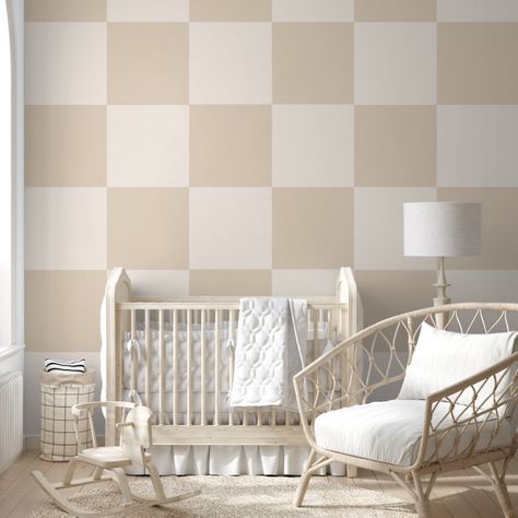 Checkered wallpaper in neutral beige color. Modern minimalist geometric square pattern peel and stick wallpaper. Nursery Checkered Wall, Checkered Wallpaper Nursery, Checkerboard Accent Wall, Playroom Wallpaper Accent Wall, Beige Checkered Wallpaper, Checkered Wall Paint, Diy Checkered Wall, Checkered Accent Wall, Checkered Nursery