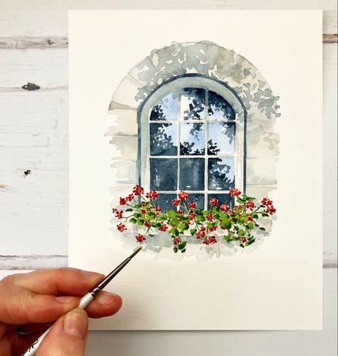 Watercolor Paintings Sketch, Windows Watercolor Painting, Watercolour Window Painting, Watercolor Doors Paintings Easy, Simple Drawing Watercolor, Watercolor Window Painting, Painting Windows Art, Sunshine Painting Ideas, Framing Watercolor Paintings