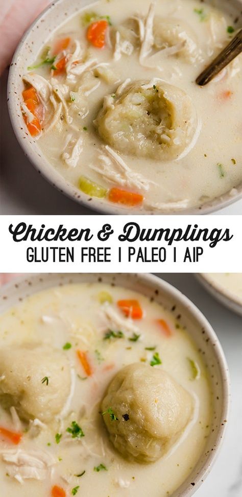 Paleo Dumplings For Soup, Aip Chicken And Dumplings, Paleo Chicken And Dumplings, Aip Dumplings, Aip Comfort Food, Cauliflower Dumplings, Paleo Chicken Stew, Aip Chicken Recipes, Paleo Dumplings