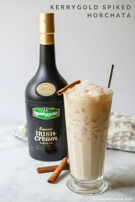 Looking for a tasty summer drink? Our spiked Horchata cocktail includes rum, cinnamon-vanilla syrup, almond milk, and Kerrygold Irish Cream. YUM! Pairs well with tacos too! Full recipe and how-to on the site.  // stirandstrain.com  #partner #stirandstraindrinks #entertaining #cocktails #kerrygoldirishcream #summerdrinks #horchata #cinnamon #vanilla #almondmilk Spiked Horchata, Horchata Cocktail, Vanilla Cocktail, Irish Cream Recipe, Yummy Summer Drinks, Purple Cocktails, Soft Tacos, Vanilla Syrup, Moving To Los Angeles