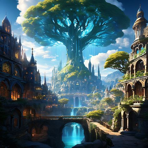 Fantasy Capital City, Fantasy Landmarks, Feywild Art, Elven City, Classic Mansion, Superhero Art Projects, Fantasy Tree, Disney Games, Landscape Background