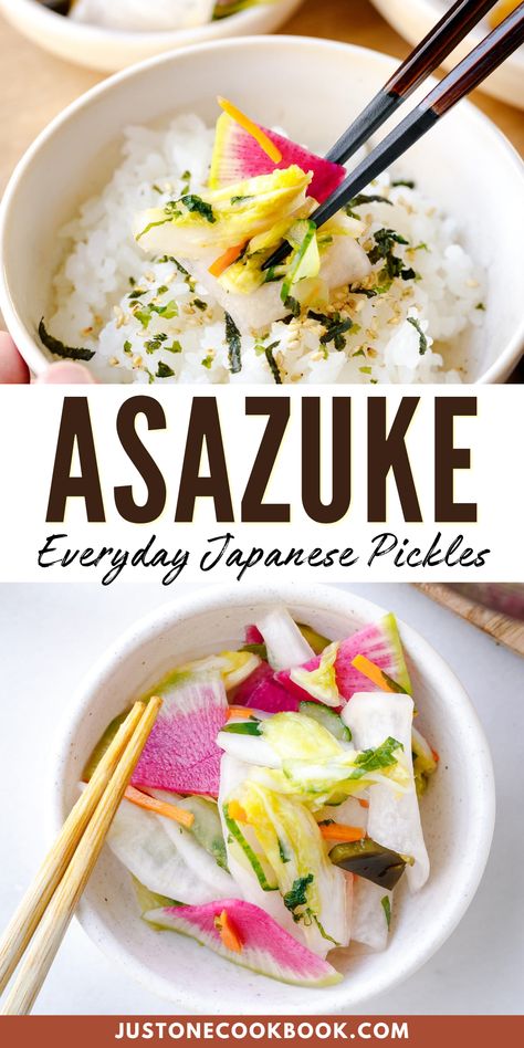 This Asazuke is wonderful and easy to make! It’s a delicious mix of colorful and crunchy veggies that become the perfect pickles to go along with a wide variety of Japanese dishes. You can make them in just an hour, so try out this recipe if you’re craving classic Japanese pickles! Japanese Pickles Recipe, Okinawa Food Recipes, Japanese Cooking Tools, Japanese Pickled Vegetables, Japanese Cuisine Recipes, Japanese Dishes Recipes, Japanese Vegetable Recipes, Asian Pickled Vegetables, Kamaboko Recipe