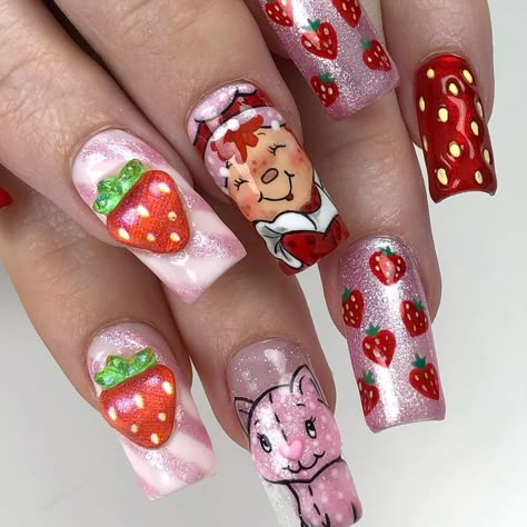 Nails Strawberry Shortcake, Strawberry Shortcake Nails Designs, Strawberry Shortcake Nails Acrylic, Starberry Shortcake, Strawberry Shortcake Nails, Uñas Coquette, Strawberry Nail, Nailart Tutorial, Acrylic Nails Almond Shape