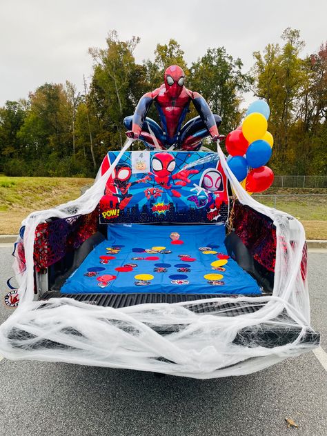 Spider Man Trunk Or Treat Ideas, Spidey And Friends Trunk Or Treat, Spidey And His Amazing Friends Trunk Or Treat, Spiderman Trunk Or Treat Ideas For Cars, Trunk Or Treat Truck Bed Ideas, Trunk Or Treat Spiderman, Avengers Trunk Or Treat, Super Hero Trunk Or Treat Ideas, Friends Trunk Or Treat