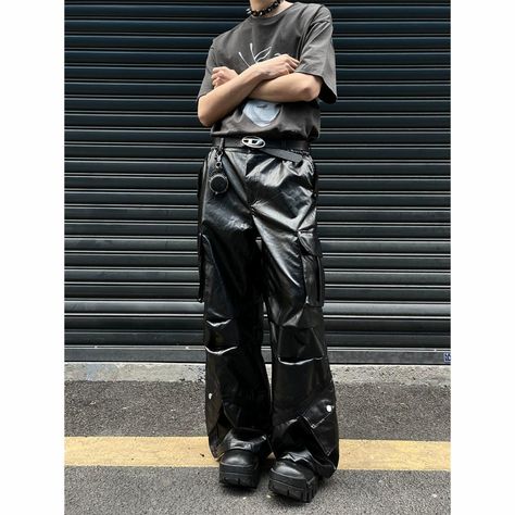 Sleek Big Pockets PU Leather Pants • Collection: MaxDstr • Shop Quality Streetwear Brands From Asia . . #streetwear #streetfashion #gorpcore #grunge #mensfashion #cybery2k Chinese Streetwear, Unique Clothing Style, Pants Collection, Japanese Street, Big Pockets, Japanese Street Fashion, Retail Shop, Clothing Styles, Unique Outfits