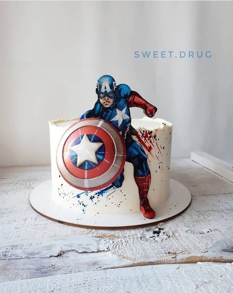 Captain America Cake Ideas, 15th Birthday Cakes For Boys, America Themed Birthday Party, Capitan America Cake, Avengers Cake Ideas, Captain America Cake Design, Avengers Cake Design, Superhero Birthday Party Food, Captain America Birthday Cake