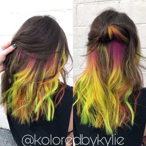 #peekaboohaircolor #neonhair #yellowhair #neonyellow #neoncolors #hairinspo #hairideas #pravananeons #pravanahaircolor #haircolorideas #colorideas #yellowandpink Rainbow Peekaboo Hair Black, Peekaboo Hair Color Orange, Pink And Yellow Peekaboo Hair, Neon Green Peekaboo Hair, Vivid Color Peekaboos, Hair Peekaboo, Pravana Hair Color, Peekaboo Hair Colors, Peekaboo Hair