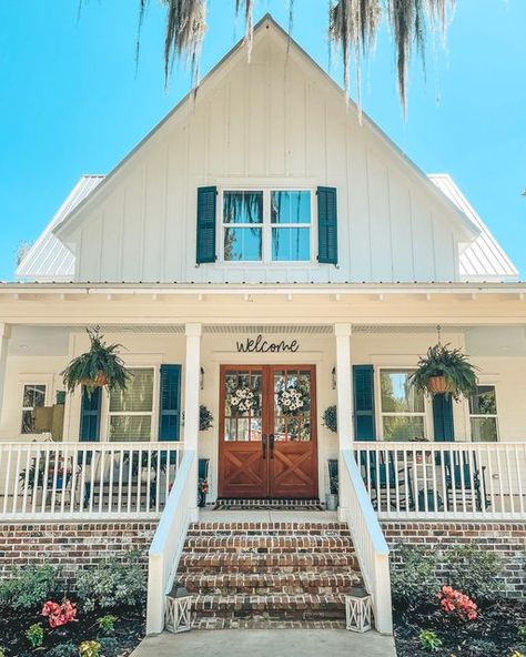 Brick Front Steps, Rustic Welcome Sign, Wooden Double Doors, Green Shutters, Dream Life House, Front Steps, White Cottage, House Plans Farmhouse, Porch Design