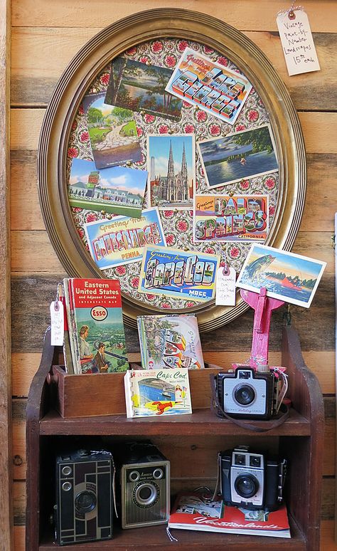 Vintage Postcard Display, Postcard Display, Tack Board, Travel Wall, Antique Postcard, Store Displays, Vintage Cameras, Display Cards, Vintage Postcard