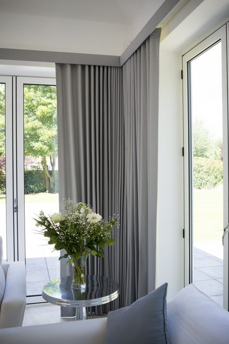 Our made to measure curtains can be fitted with pelmets for maximum light exclusion. Suitable for bay windows. Modern Pelmet Designs For Curtains, Hide Curtain Track, Pelmet Ideas Modern, Curtain Pelmet Ideas Modern, Modern Pelmet, Curtains For Bifold Doors, Window Dressing Ideas, Curtain Pelmet, Modern Window Treatments