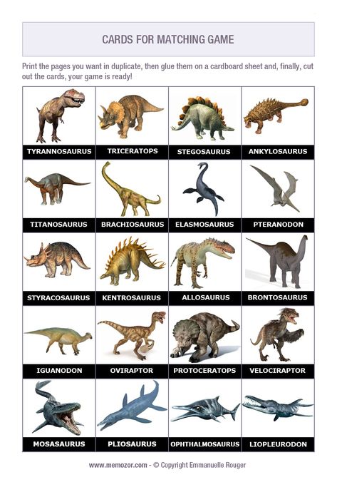 More than 50 Dinosaurs Cards - Pictures and Names | Memozor Dinosaur Chart With Names, Dinosaur Flash Cards Free Printable, Dinosaurs Names And Pictures, Pictures Of Dinosaurs, Matching Games For Kids, Names Of Dinosaurs, Printable Matching Game, Animal Coverings, Dinosaur Names