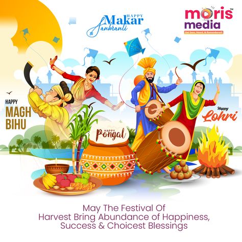 From Makar Sankranti to Magh Bihu, from Lohri to Pongal, India is truly an embodiment of Diversity in culture. This day is celebrated in different regions and names. The festival marks the end of winter and the beginning of a new harvest season. May this auspicious harvest festival bring good health and prosperity to all of us! #MorisMedia #Moris #MakarSankranti #MaghBihu #Pongal #Lohri #Festival #happyMakarSankranti #happylohri #happymaghbihu #happypongal #Festivals Lohri Makar Sankranti Pongal, Happy Makar Sankranti Pongal Lohri Bihu, Makarsankranti Drawing, Magh Bihu Drawing, Harvest Festival Poster, Magh Bihu, Kirana Store, Indian Dancing, Lohri Festival