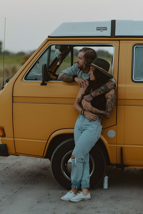 It's time for love with couple photos in vanlife! #love #couples #vanlife #relationshipgoals #adventure Vw Bus Maternity Shoot, Vw Photoshoot, Retro Elopement, Adventure Photoshoot, Creative Shoots, Wildflower Fields, Van Tour, Sunset Elopement, Mont Tremblant