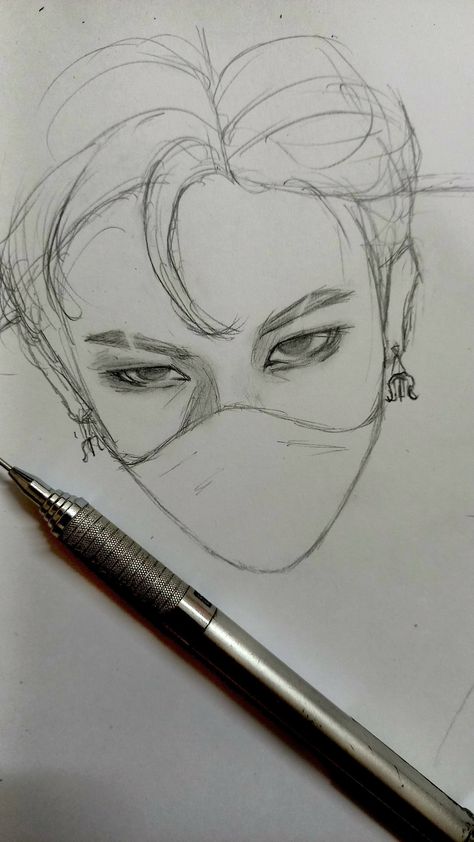 Straykids Sketch Pencil, Bangchan Pencil Drawing, K Pop Drawings Easy Skz, Kpop Drawings Skz, Skz Art Sketch, How To Draw Bangchan, Stray Kids Drawings Sketch, Sitting Pose Reference Front View, Straykids Drawing Ideas