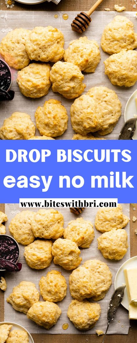 These drop biscuits are fluffy, buttery, and require no milk. They are super easy to make and made up of only 7 pantry staples. Perfectly served with sausage gravy or drizzled in honey butter, you can't beat these. Drop Biscuits Without Milk, Buiscits Recipes No Milk, Homemade Biscuits Without Milk, Easy Biscuit Recipe Without Milk, Drop Biscuits No Milk, No Butter Biscuits, Easy Biscuit Recipe No Milk, No Milk Biscuit Recipe, Biscuits No Milk