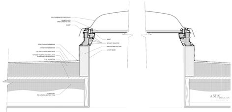 Flat roof detail with a curb mounted Velux domed skylight unit, EPDM roof membrane, tapered polyiso to achieve a negative slope, on 1 1/8" Advantech, and closed cell polyurethane spray foam. Skylight Flat Roof, Flat Roof Detail, Skylight Detail, Flat Roof Skylights, Skylight Glass, Roof Skylight, Building Envelope, Membrane Structure, Membrane Roof