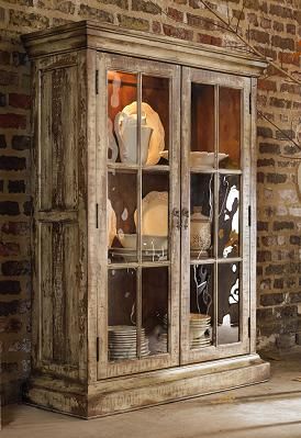 Rustic China Cabinet, Furniture Catalog, Hooker Furniture, Redo Furniture, Western Decor, Rustic Furniture, Furniture Projects, Glass Shelves, Brick Wall