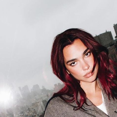 Dua Lipa Pfp, Cherry Cola Hair, Deep Red Hair, Light Eyebrows, Celebrity Icons, Quick Dip, Wine Hair, Red Hair Inspo, January 10